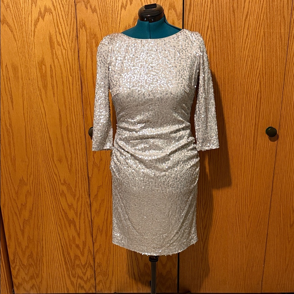 David's Bridal Shimmering Silver 3/4 Sleeve Dress